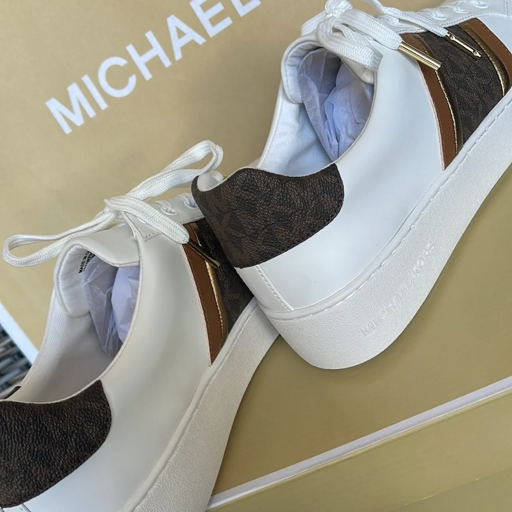 MICHAEL KORS POPPY STRIPE LACE UP NAPPA FAUX LEATHER WMNS OPTIC WHITE/BROWN - Picture 16 of 16
